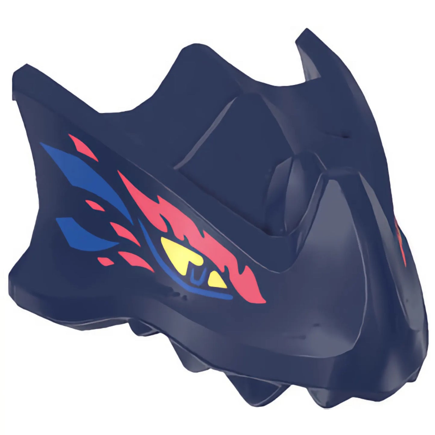 Part 7243pb03 - Dragon Head (Ninjago) with Stepped Top, Horn and Pin Hole on Back with Bright Light Yellow Eyes, Blue and Coral Markings Pattern