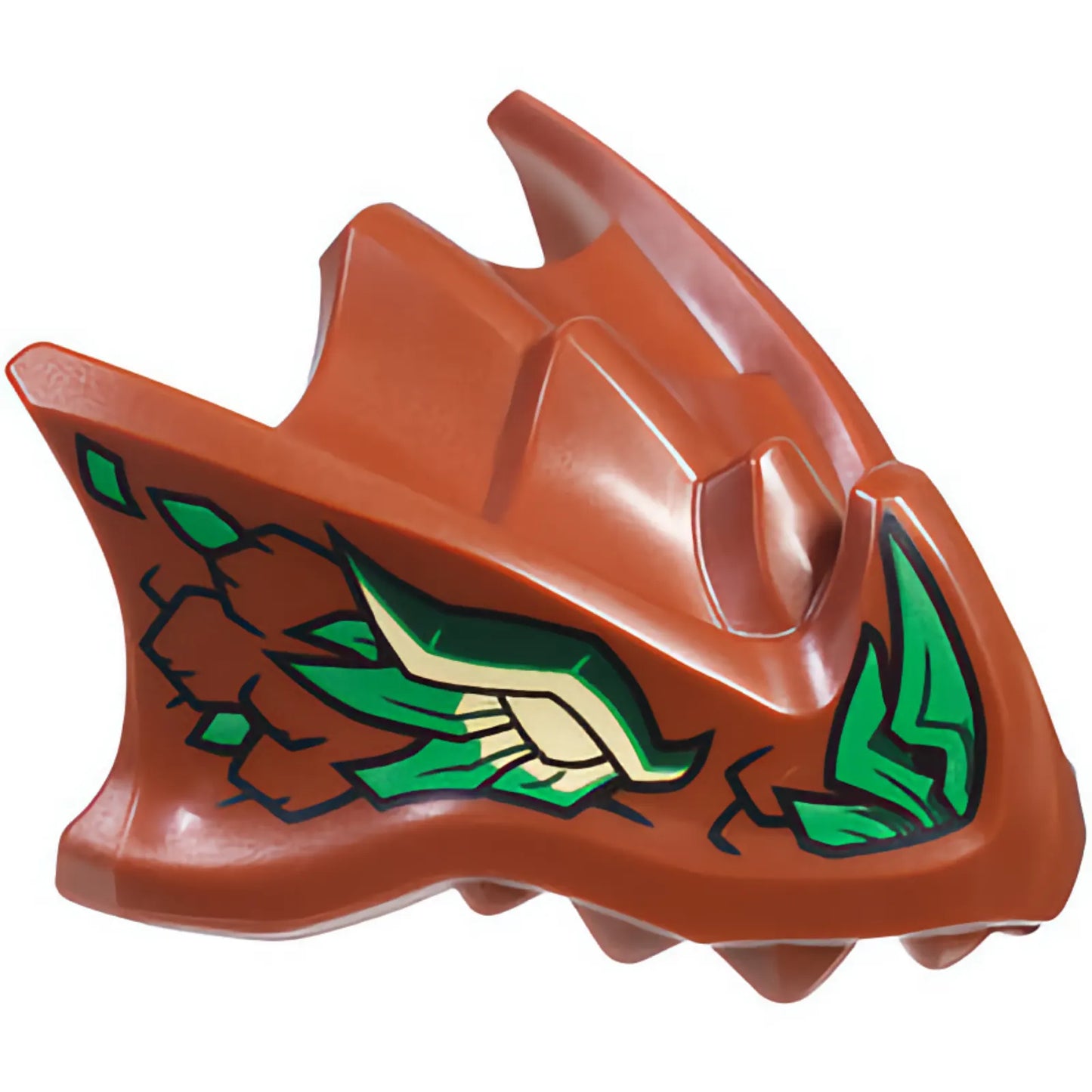 Part 7243pb04 - Dragon Head (Ninjago) with Stepped Top, Horn and Pin Hole on Back with Bright Light Yellow Eyes, Dark Green Eyebrows, Green Scales Pattern