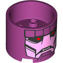 Part 73111pb008 - Brick, Round 3 x 3 x 2 with Recessed Center and Axle Hole with Bright Pink and Black Robot Face with Red Eyes and Silver Teeth Pattern (Sentinel)