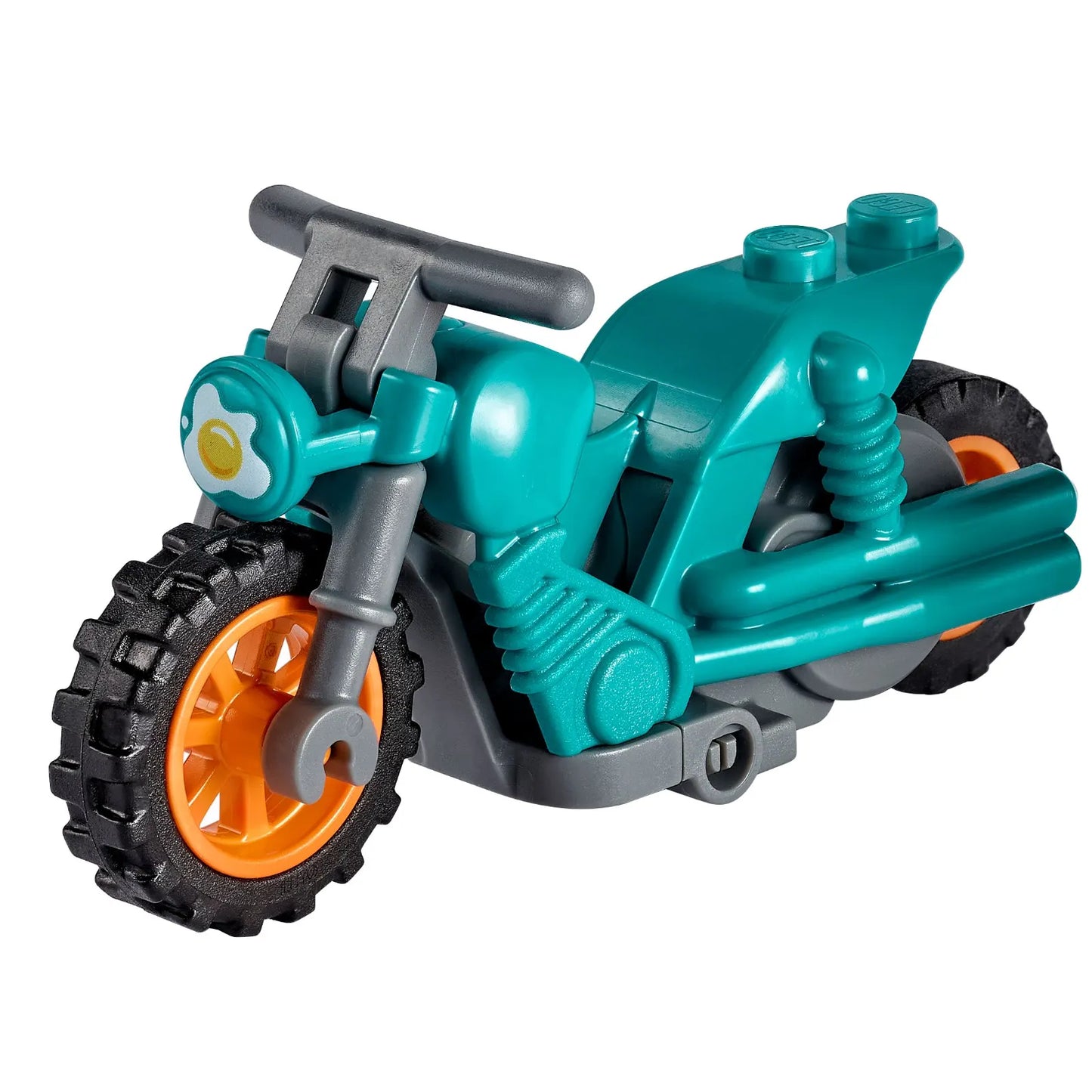 Part 75537pb02c01 - Stuntz Flywheel Motorcycle Dual Exhaust Bike with Dark Bluish Gray Frame, Orange Wheels, and Dark Bluish Gray Handlebars with Fried Egg on Headlight Pattern
