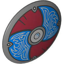 Part 75902pb28 - Minifigure, Shield Circular Convex Face with Blue and Dark Red Alternating Panels with Silver Center Circle and Odin's Ravens Pattern