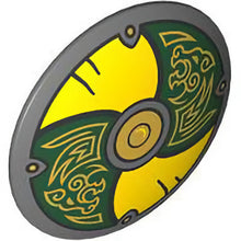 Part 75902pb29 - Minifigure, Shield Circular Convex Face with Yellow and Dark Green Alternating Panels with Gold Center Circle and Odin's Wolves Pattern