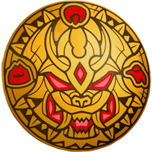Part 75902pb30 - Minifigure, Shield Circular Convex Face with Gold and Dark Brown Dragon Face, Red and Coral Eyes, Mouth, and Symbols Pattern