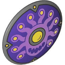 Part 75902pb31 - Minifigure, Shield Circular Convex Face with Medium Lavender Monster with 10 Tentacles, Gold Eyes and Rivets, Large Eye Black Outline with Crescent on Dark Purple Background Pattern (Beholder)
