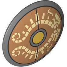 Part 75902pb33 - Minifigure, Shield Circular Convex Face with Tan Skeletal Serpents on Medium Nougat Background, Gold Center Pattern (The Legend of Zelda Traveler's Shield)