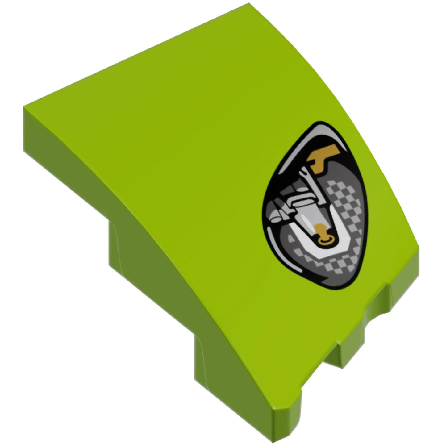 Part 80177pb002 - Wedge 3 x 2 Left No Studs with Aston Martin Car Headlight, Silver Checkered and Casing, Gold Bulb Pattern