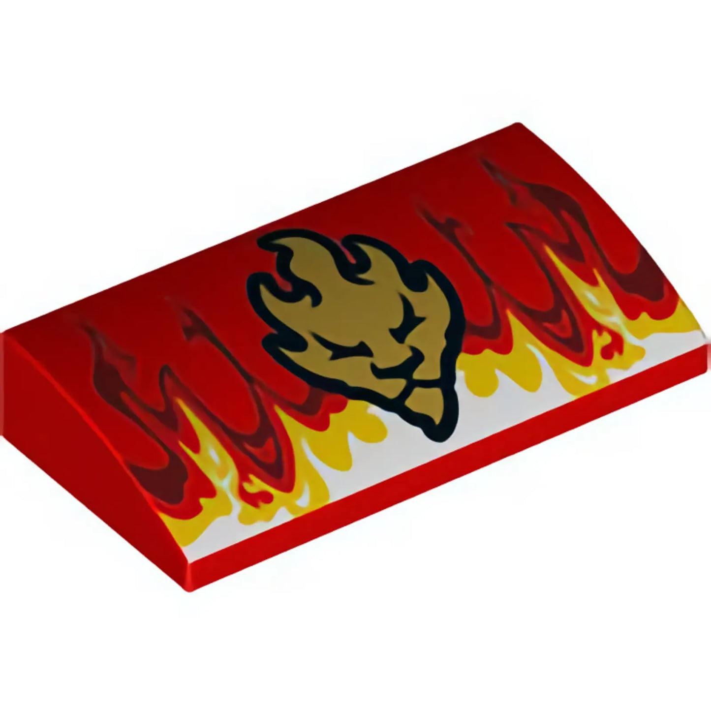 Part 88930pb067 - Slope, Curved 2 x 4 x 2/3 with Bottom Tubes with Flames and Gold Lion Head Pattern