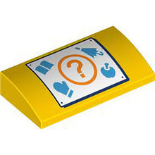 Part 88930pb177 - Slope, Curved 2 x 4 x 2/3 with Bottom Tubes with White Sign, Orange Question Mark, Dark Azure Book, Umbrella, Mitten, and Apple Pattern (Animal Crossing Recycle Bin)