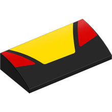 Part 88930pb184 - Slope, Curved 2 x 4 x 2/3 with Bottom Tubes with Yellow Trapezoidal Panel in Center and Red Triangular Panels on Sides Pattern