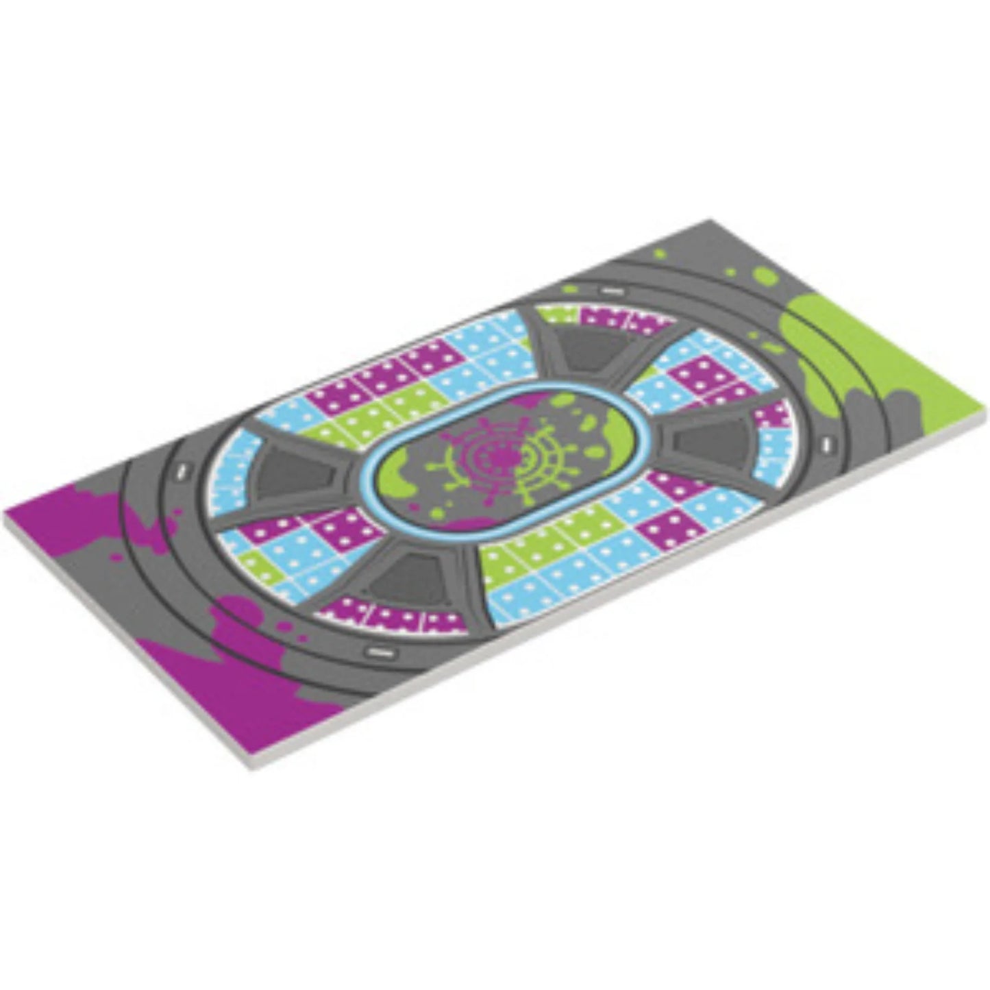 Part 90498pb65 - Tile 8 x 16 with Bottom Tubes, Textured Surface with Dark Bluish Gray Background and Black Round Outlines, Magenta, Lime, Medium Azure and White Dance Floor Pattern
