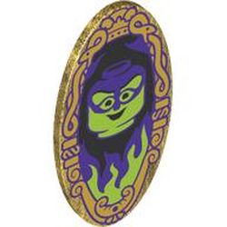 Teil 92747pb16 – Minifigur, elliptischer Schild mit limettengrünem und dunkelviolettem Minifigurenkopf auf schwarzem Hintergrund mit Flammen und verziertem Randmuster (Zauberspiegel)