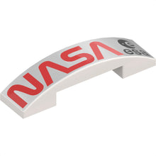 Part 93273pb157 - Slope, Curved 4 x 1 x 2/3 Double with Red 'NASA' and Black 'esa' Logo on Metallic Silver Background Pattern