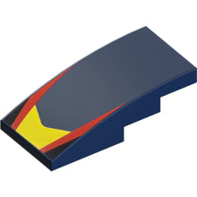 Part 93606pb205 - Slope, Curved 4 x 2 with Yellow V-Shaped Center Panel, Red Stripes, Black Triangles Pattern