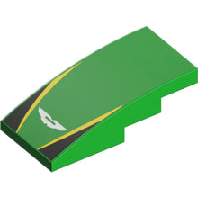 Part 93606pb206 - Slope, Curved 4 x 2 with Silver and White Aston Martin Logo, Yellow Stripes, Black Triangles Pattern