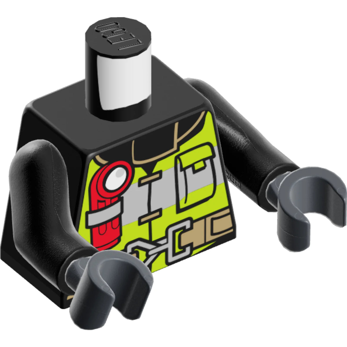 Part 973pb2187c01 - Torso Fire Reflective Stripes with Utility Belt and Flashlight Front, Fire Badge on Back Pattern / Black Arms / Dark Bluish Gray Hands