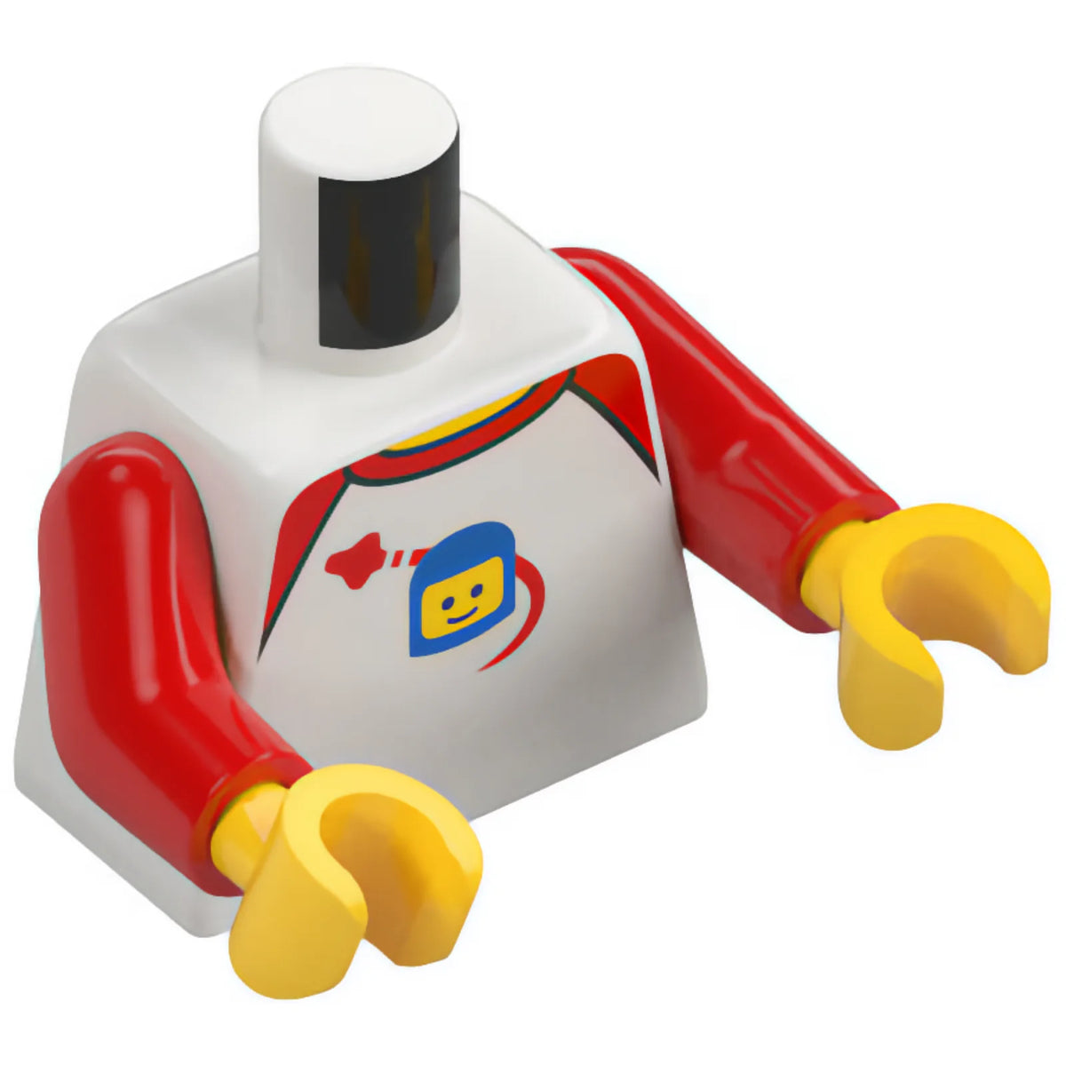 Part 973pb2340c01 - Torso Shirt with Red Collar and Shoulders, Spaceship Orbiting Classic Space Helmet Pattern / Red Arms / Yellow Hands