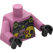 Part 973pb3769c01 - Torso Ninjago Black Breastplate with Silver Straps, Pixelated Flask, Skull, and Heart Pattern / Dark Pink Arms / Black Hands