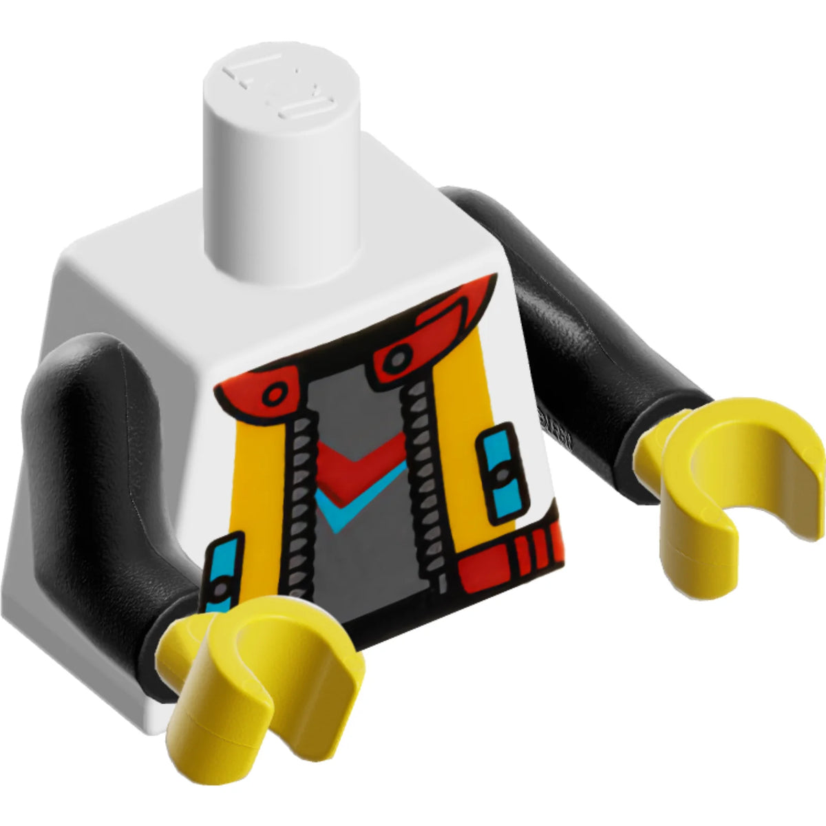 Part 973pb5304c01 - Torso Open Jacket over Dark Bluish Gray Shirt, Silver Zipper, Medium Azure Pockets, Bright Light Orange and Red Trim, Black Number 23 on Back Pattern / Black Arms / Yellow Hands