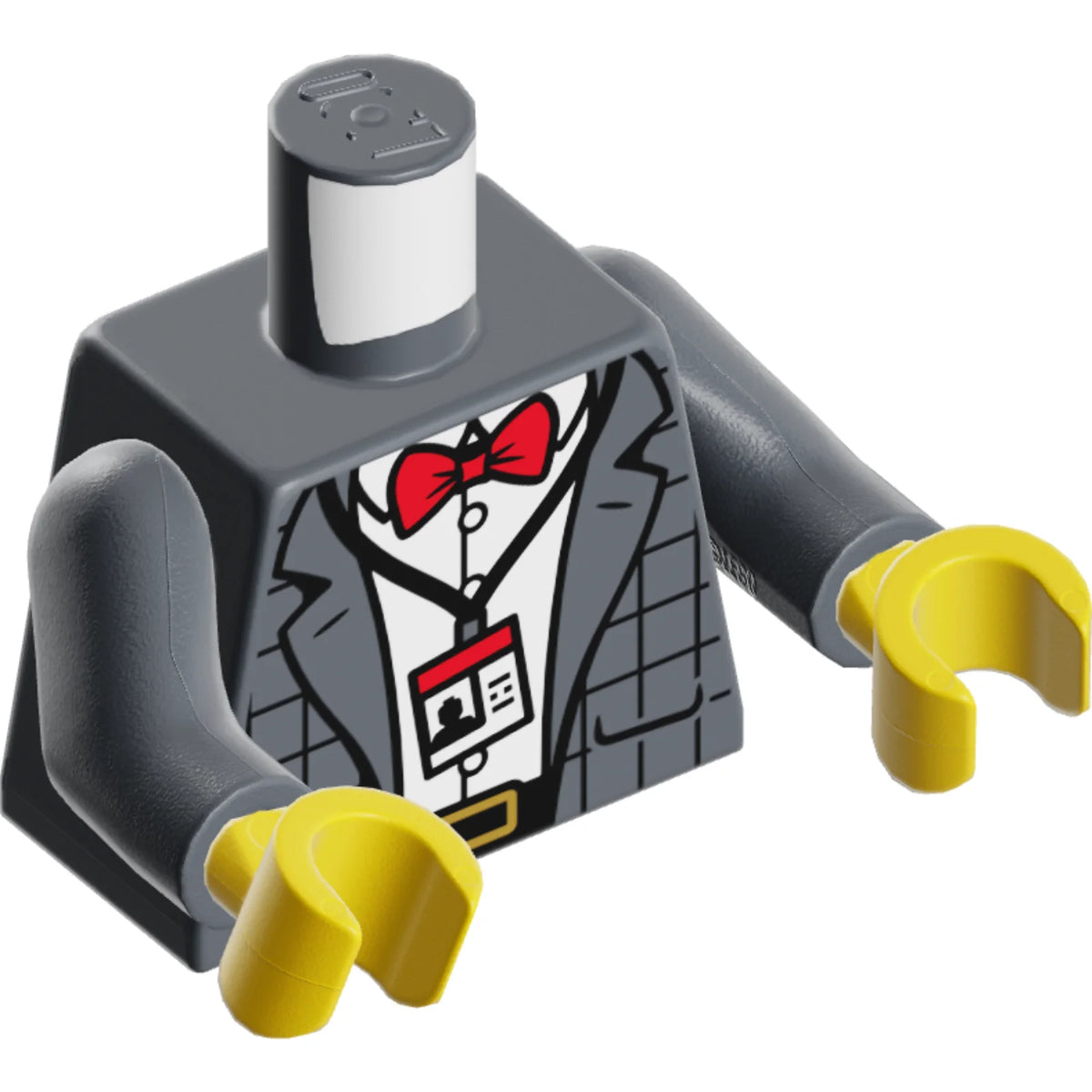 Part 973pb5460c01 - Torso Plaid Suit Jacket Open over White Button Up Shirt, Red Bow Tie, ID Badge on Lanyard, Black Belt with Gold Buckle Pattern / Dark Bluish Gray Arms / Yellow Hands