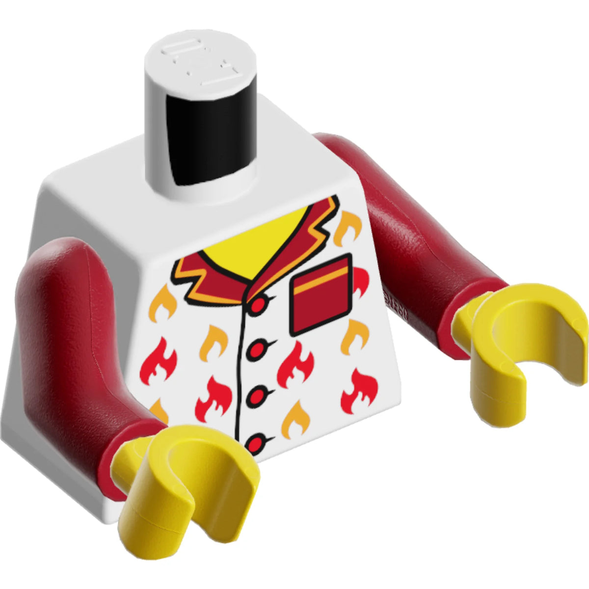 Part 973pb5528c01 - Torso Pajama Shirt with Buttons, Dark Red Pocket and Collar, Red and Orange Flames, Yellow Neck Pattern / Dark Red Arms / Yellow Hands