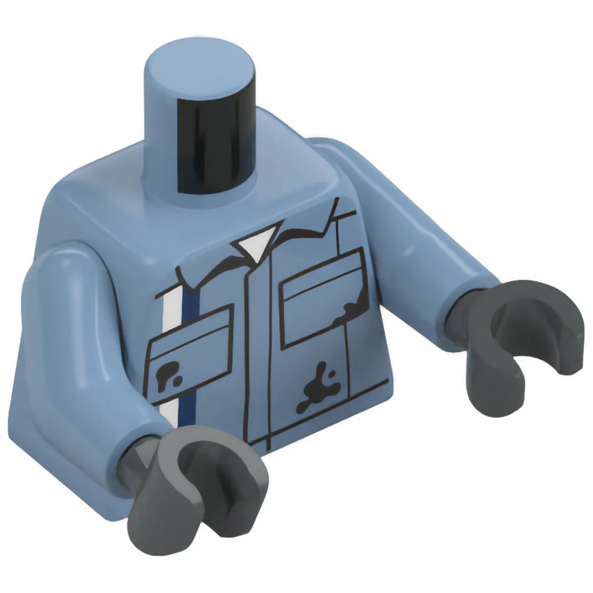 Part 973pb5697c01 - Torso Mechanic Shirt with Pockets, White and Dark Blue Stripes, Oil Stains, Black Wheel and Spanner Wrench on Back Pattern / Sand Blue Arms / Dark Bluish Gray Hands