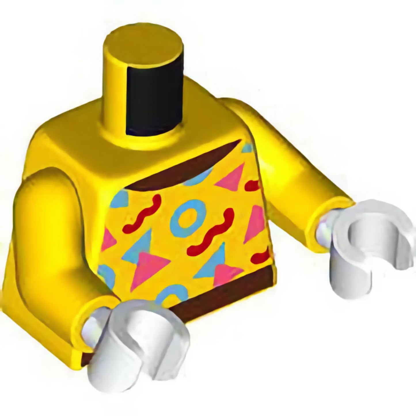 Part 973pb5916c01 - Torso Top with Reddish Brown Collar and Hem, Bright Light Blue, Coral, and Red Circles and Triangles Pattern / Yellow Arms / White Hands