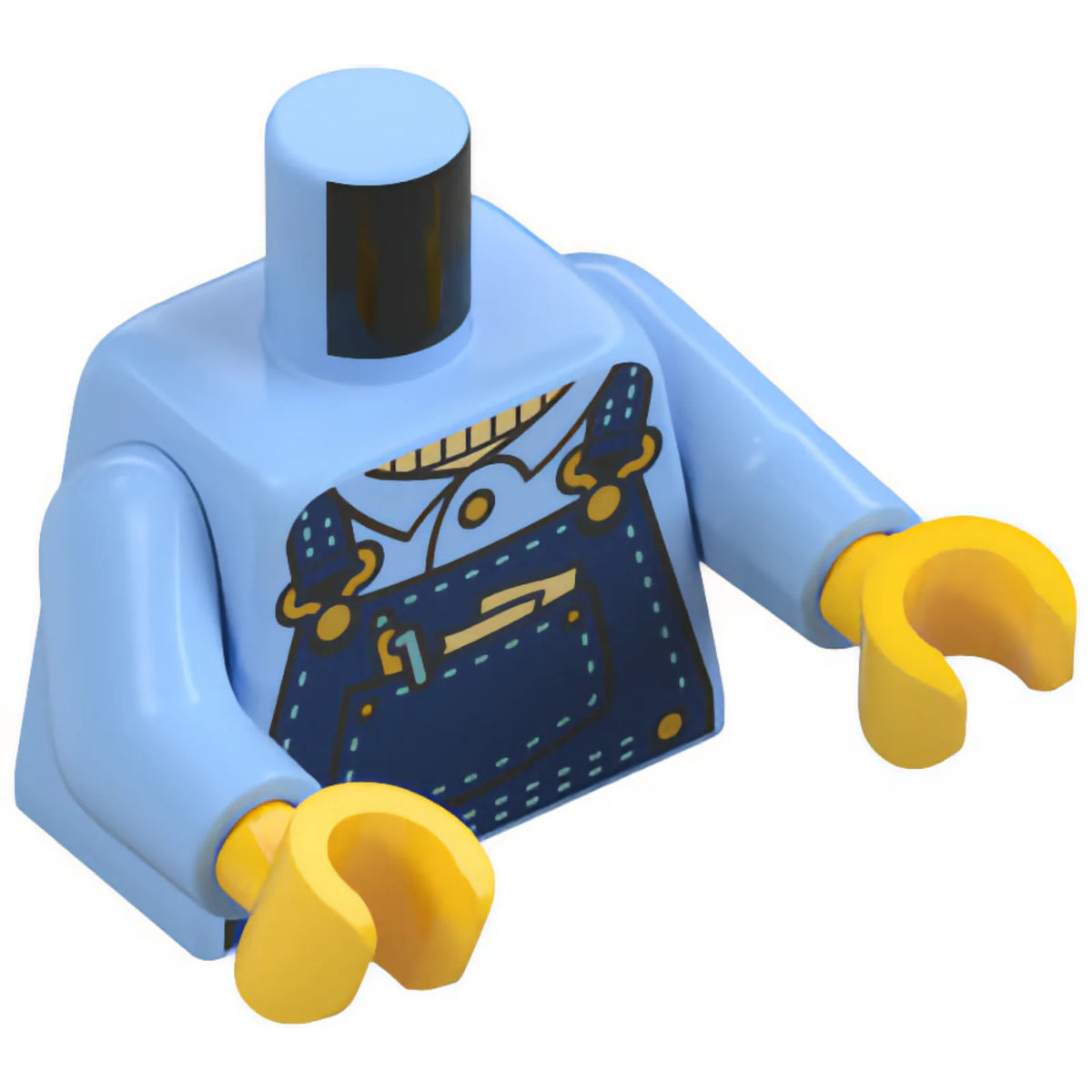Part 973pb6347c01 - Torso Dark Blue Overalls with Pocket, Stitches, Gold Buckles, Buttons and Pen over Shirt and Tan Sweater Pattern / Bright Light Blue Arms / Yellow Hands