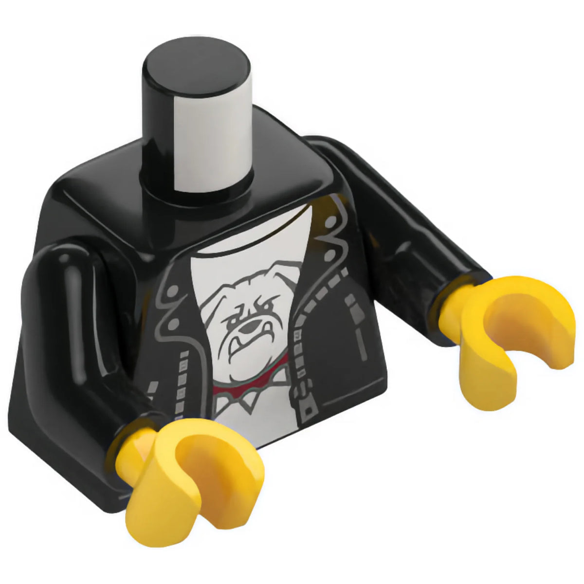 Part 973pb6437c01 - Torso Leather Jacket Open with Pockets and Silver Zipper, White Shirt with Bulldog Head with Dark Red Spiked Collar Pattern / Black Arms / Yellow Hands