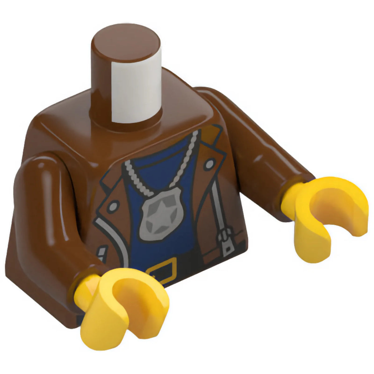Part 973pb6548c01 - Torso Leather Jacket Open with Pockets and Silver Zippers, Black Belt with Gold Buckle, Dark Blue Shirt, Police Star Badge Logo on Chain Pattern / Reddish Brown Arms / Yellow Hands