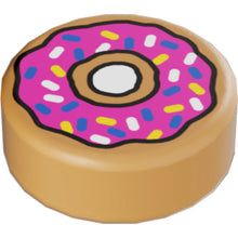 Part 98138pb021 - Tile, Round 1 x 1 with Donut / Doughnut with Dark Pink Frosting and Sprinkles Pattern