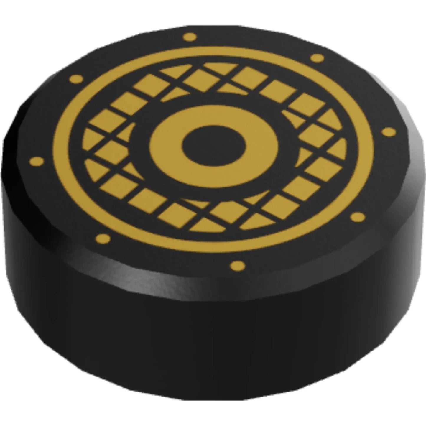Part 98138pb064 - Tile, Round 1 x 1 with Gold Concentric Circles and Speaker Grille Pattern