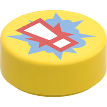 Part 98138pb068 - Tile, Round 1 x 1 with White Exclamation Mark on Red and Dark Azure Starburst Explosion Pattern