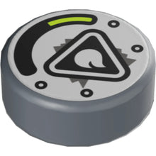 Part 98138pb099 - Tile, Round 1 x 1 with Flame Symbol, Black Triangle and Rivets, and Lime Gauge on Silver Background Pattern