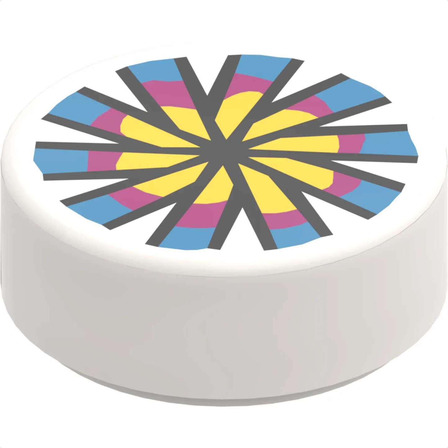 Part 98138pb119 - Tile, Round 1 x 1 with Yellow, Magenta and Dark Azure Flower and Chinese Pellet Drum Pattern