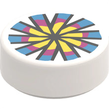 Part 98138pb119 - Tile, Round 1 x 1 with Yellow, Magenta and Dark Azure Flower and Chinese Pellet Drum Pattern