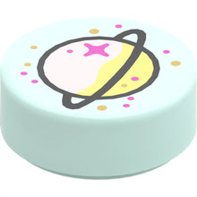 Part 98138pb121 - Tile, Round 1 x 1 with Lavender and Yellowish Green Planet with Ring and Gold and Metallic Pink Spots Pattern