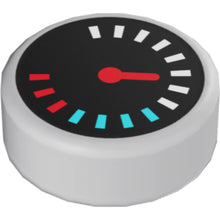 Part 98138pb175 - Tile, Round 1 x 1 with Black Gauge with Red Pointer and White, Medium Azure, and Red Tick Marks Pattern