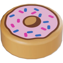 Part 98138pb182 - Tile, Round 1 x 1 with Donut / Doughnut with Bright Pink Frosting and Dark Azure and Dark Pink Sprinkles Pattern