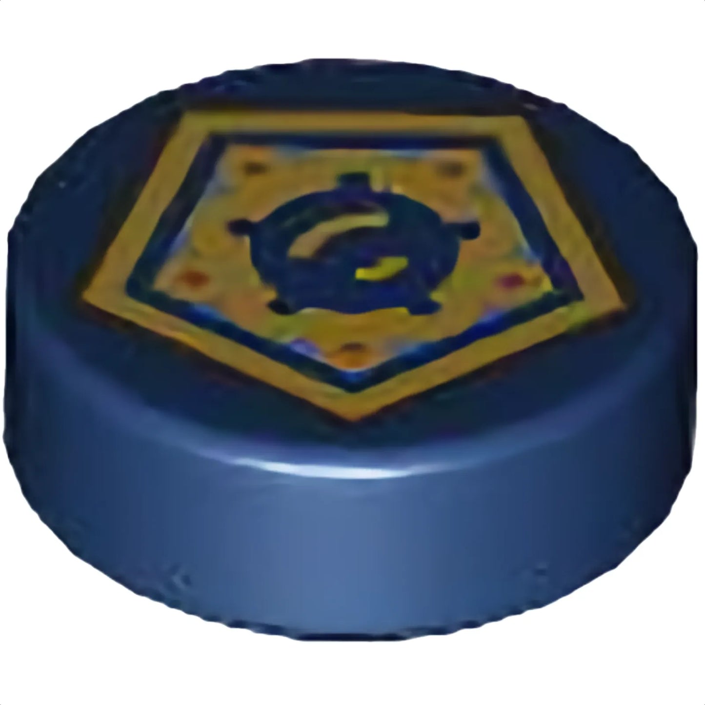 Part 98138pb379 - Tile, Round 1 x 1 with Gold Pentagon and Shapes Pattern (HP Chocolate Frog Card)