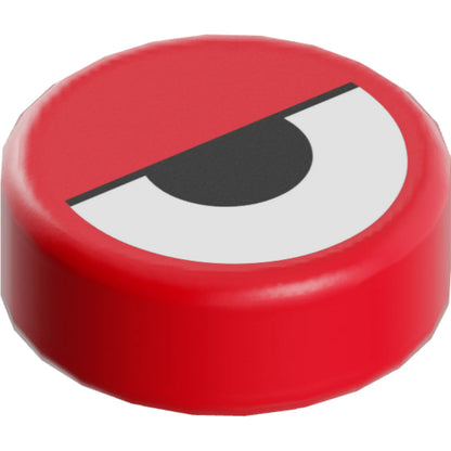 Part 98138pb388 - Tile, Round 1 x 1 with White Eye Partially Closed with Black Half Circle Pupil and Line Pattern