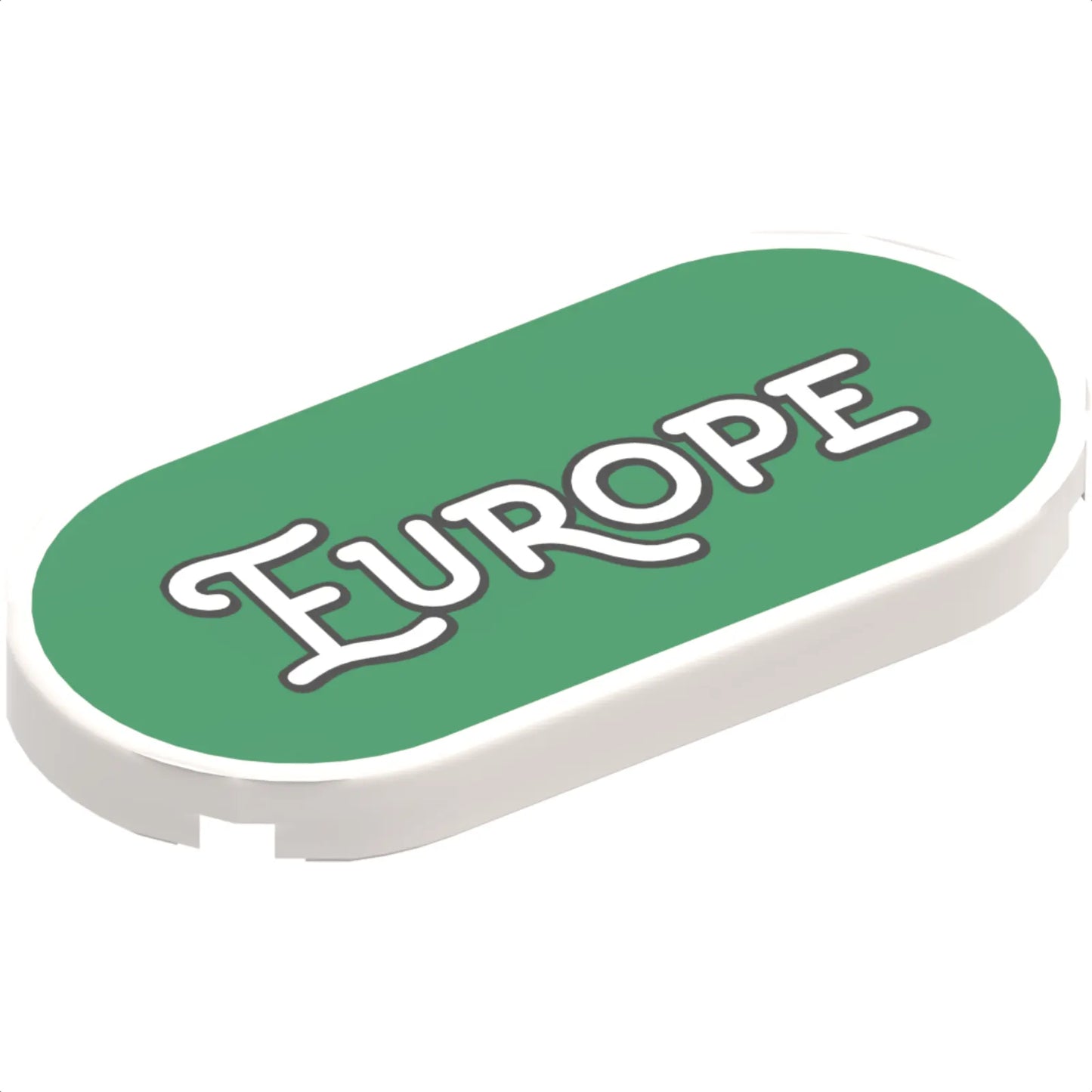 Part 66857pb015 - Tile, Round 2 x 4 Oval with Black Outline 'EUROPE' on Green Background Pattern