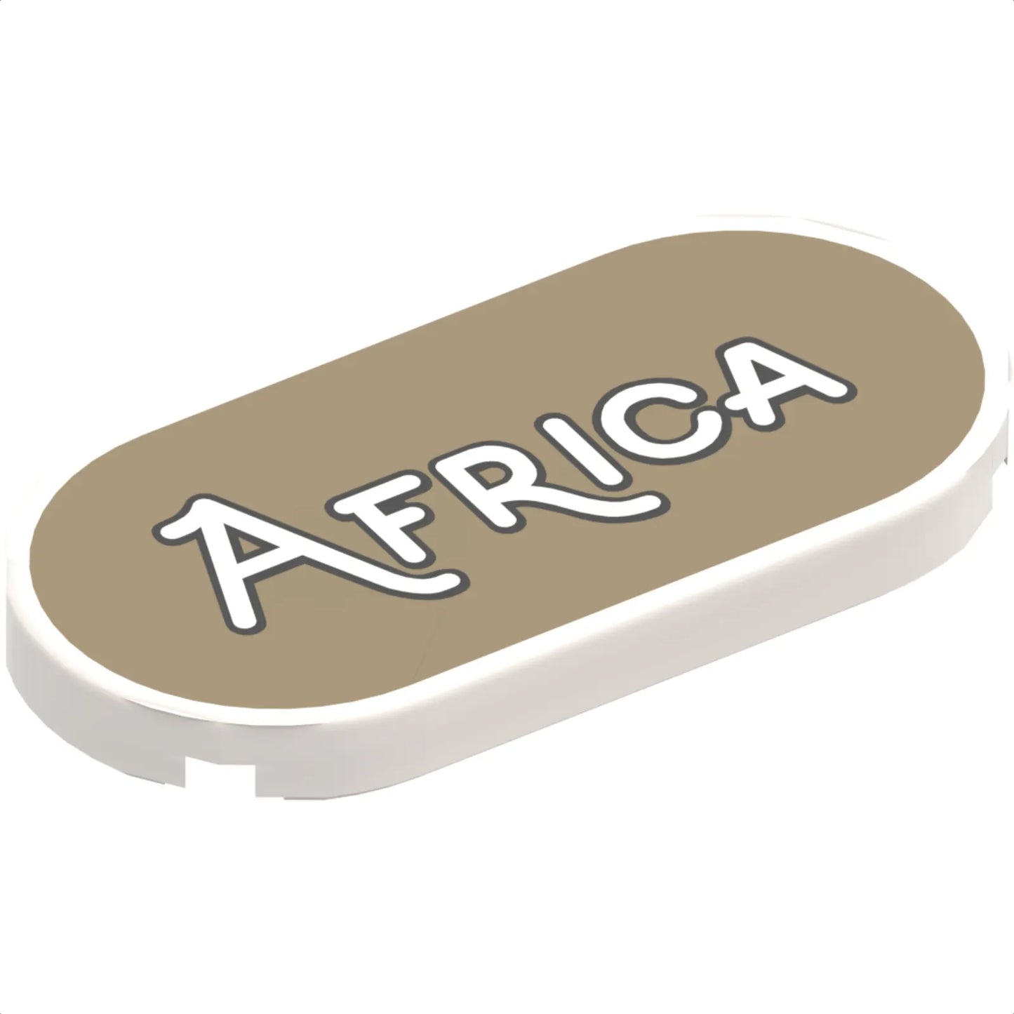 Part 66857pb019 - Tile, Round 2 x 4 Oval with Black Outline 'AFRICA' on Dark Tan Background Pattern