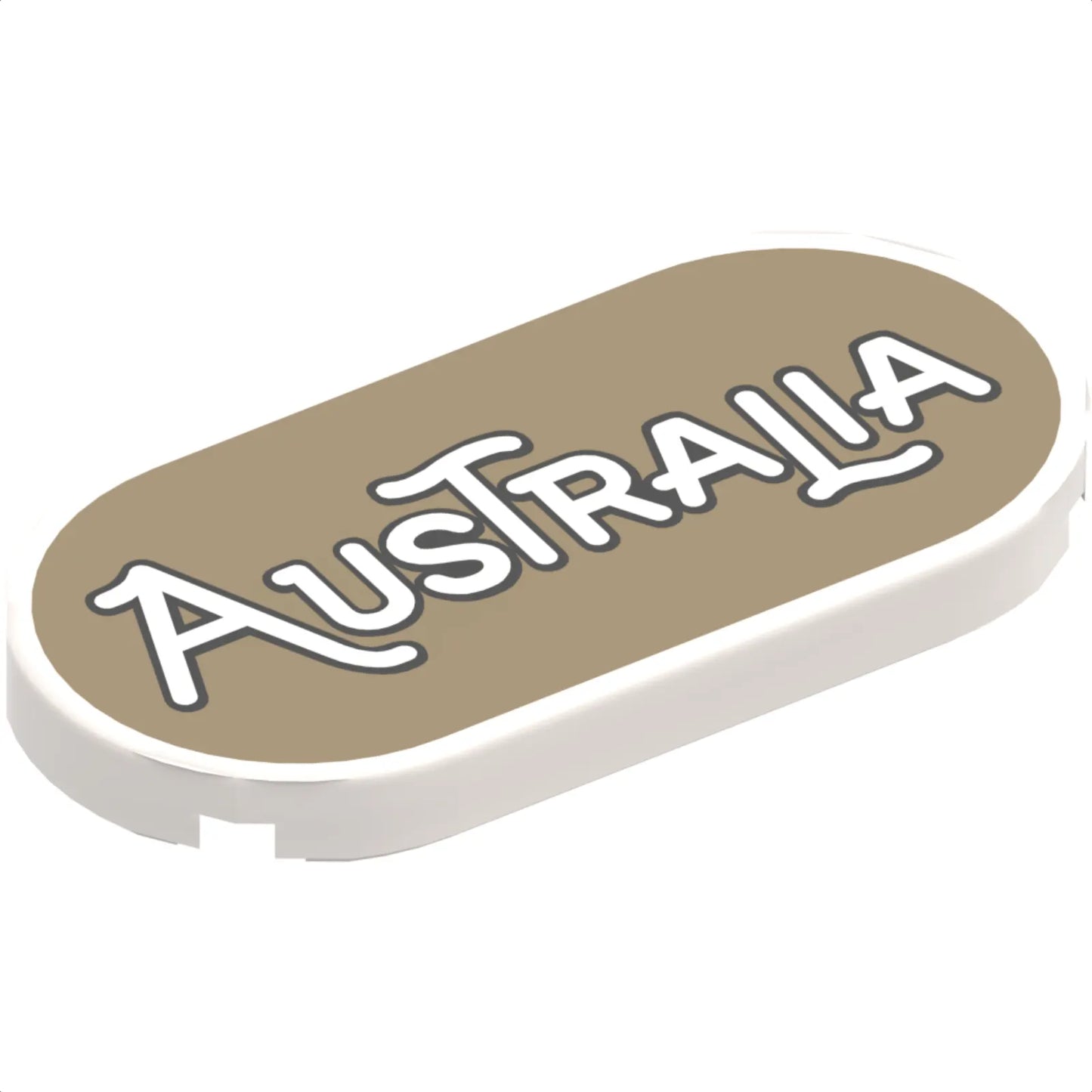 Part 66857pb020 - Tile, Round 2 x 4 Oval with Black Outline 'AUSTRALIA' on Dark Tan Background Pattern