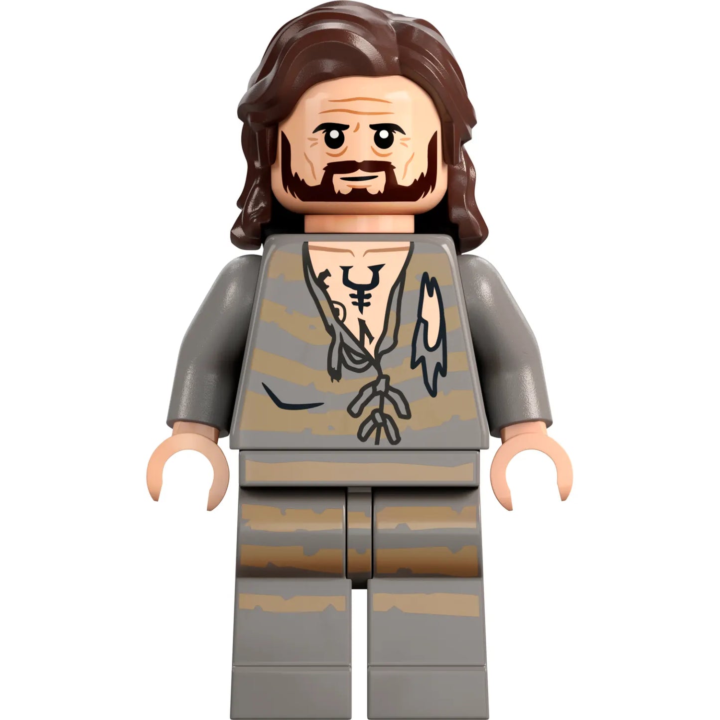 Minifig hp345 - Sirius Black - Dark Brown Hair, Light Bluish Gray Tattered Striped Shirt