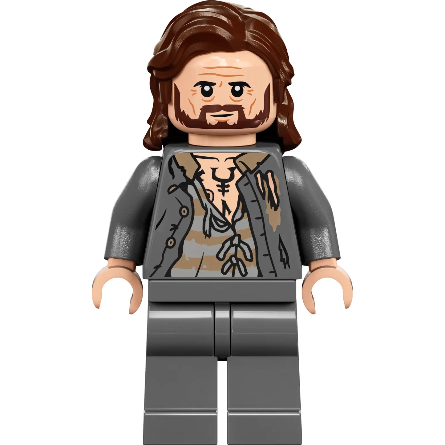 Minifig hp352 - Sirius Black - Dark Brown Hair, Dark Bluish Gray Jacket over Tattered Striped Shirt, Plain Legs