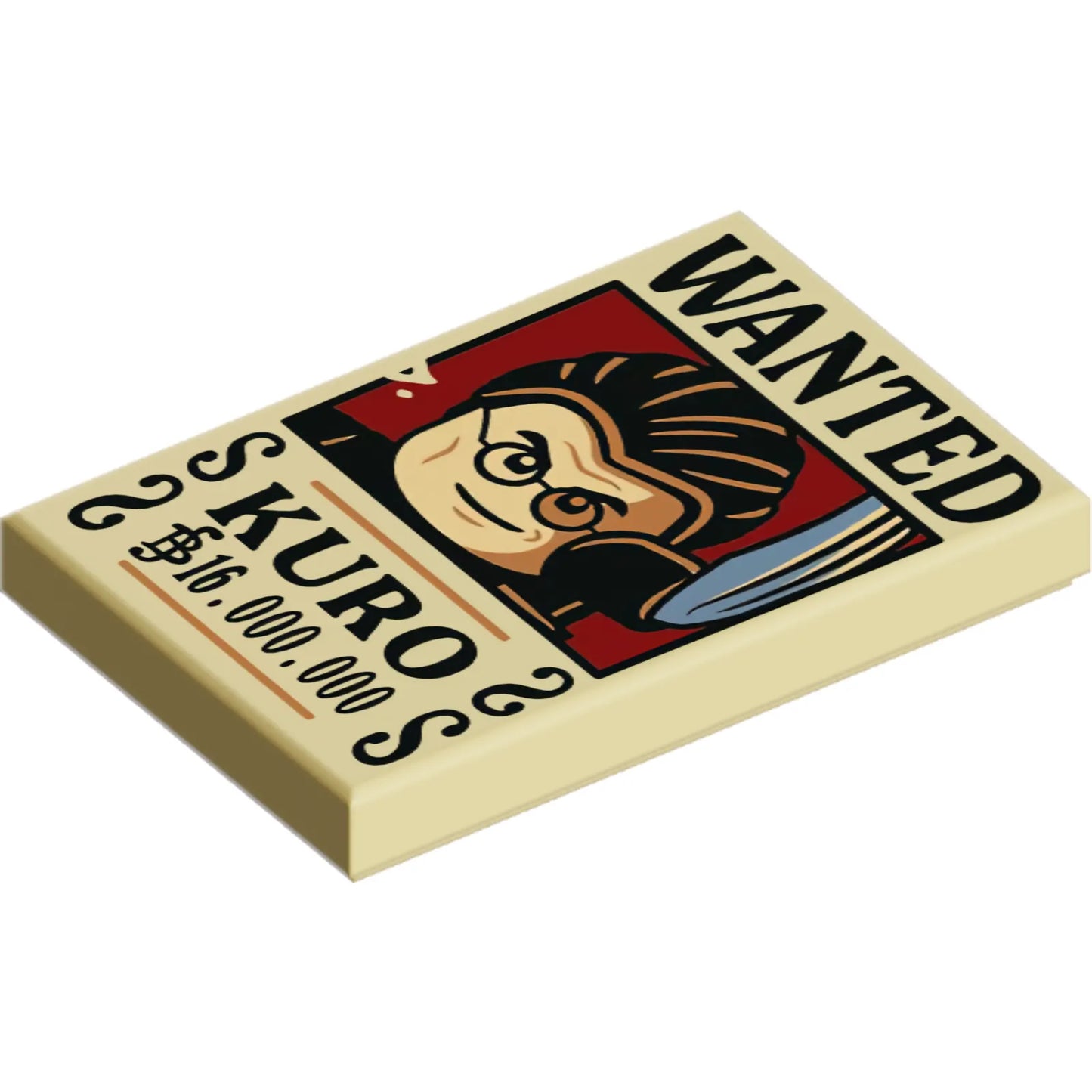 Part 26603pb533 - Tile 2 x 3 with Wanted Poster with Black 'WANTED' 'KURO' (Belly) '16.000.000' Pattern