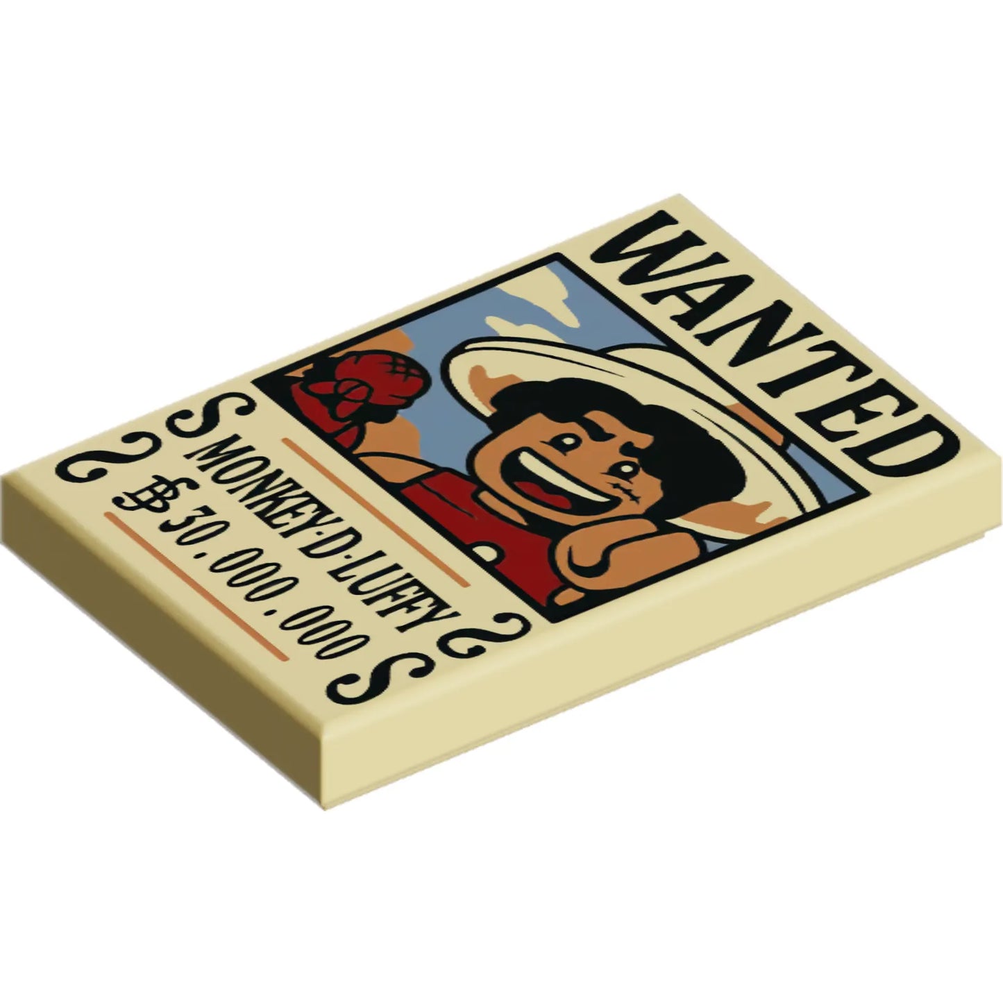 Part 26603pb528 - Tile 2 x 3 with Wanted Poster with Black 'WANTED' 'MONKEY-D-LUFFY' (Belly) '$30.000.000' Pattern
