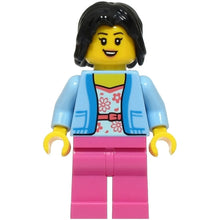 Minifig cty1929 - Passenger - Female, Bright Light Blue Jacket over White Shirt with Coral Flowers, Dark Pink Legs, Black Hair