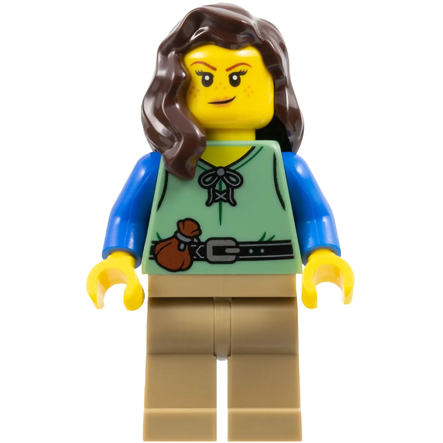 Minifig cas587 - Shieldsmith - Female, Sand Green Vest, Dark Tan Legs, Dark Brown Hair over Shoulder