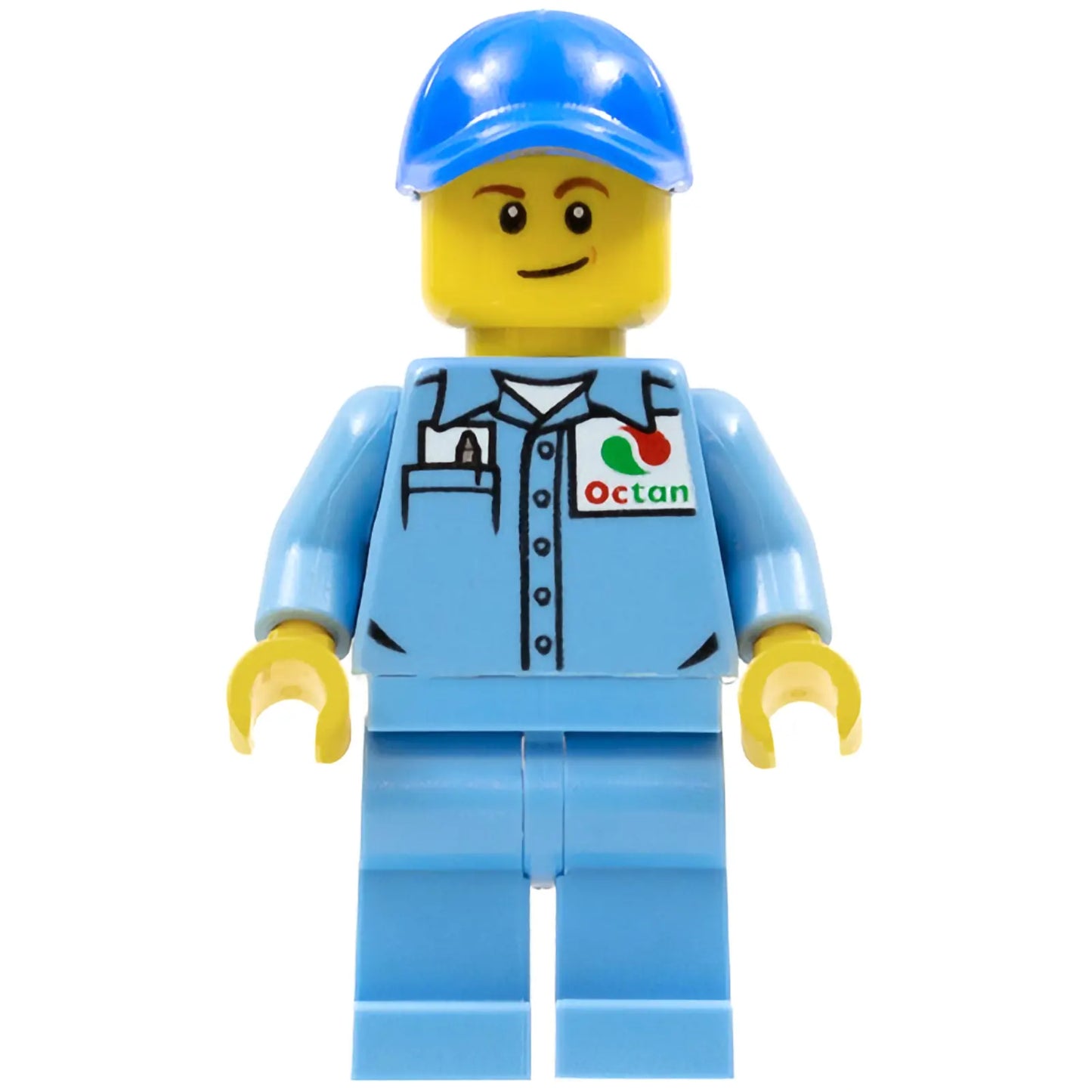 Minifig cty0689 - Medium Blue Uniform Shirt with Pocket and Octan Logo, Medium Blue Legs, Blue Cap with Hole, Lopsided Smile